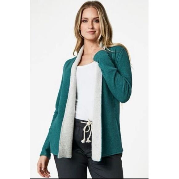 Pact Organic Cotton Open Cardigan Teal Green & Cream Medium Terry Pockets Drape - Picture 1 of 9